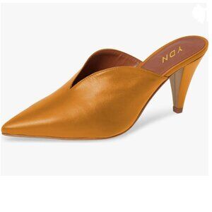 YDN Orange Cone Heel Pointed Toe Slide Mules Slip on V Cut Leather Slide Sandals